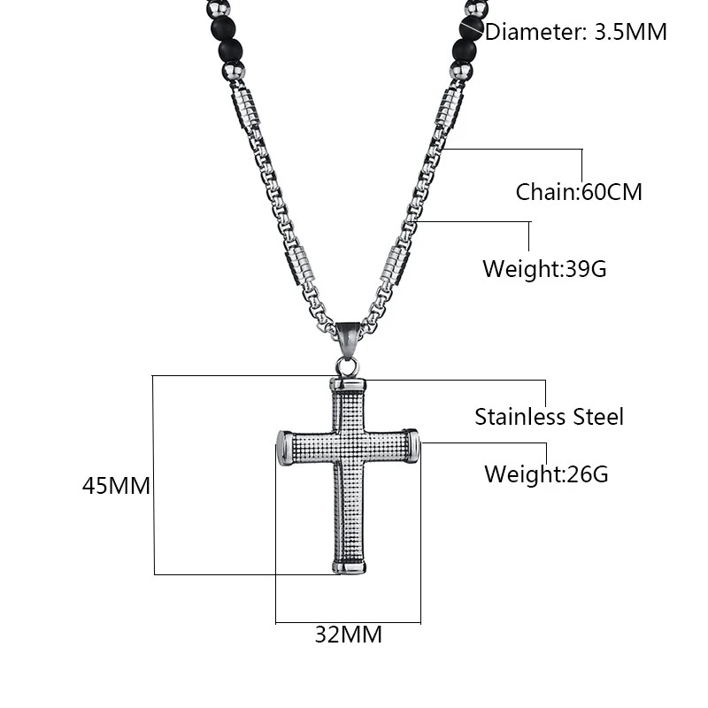 AsJerlya New Cross Pendant Necklace For Men Women 316L Stainless Steel Rosary Beads Necklace Religious Jewelry