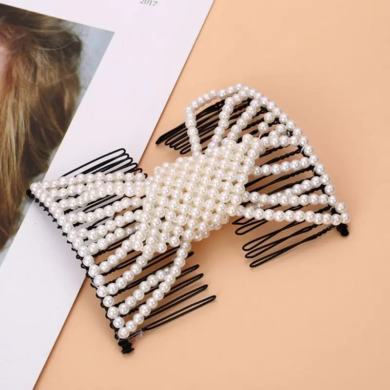 Women Handmade Imitation Pearl Beaded Jewelry Magic Hair Side Combs 20 Tooth Stretchable Double Clips Styling Hairpins