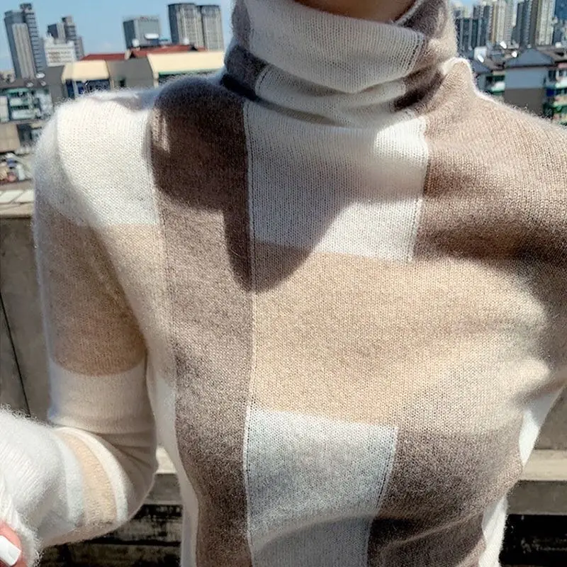 Women's popular geometric high neck 85% Wool Women's Pullover casual wool cashmere sweater popular women's fashion top girl