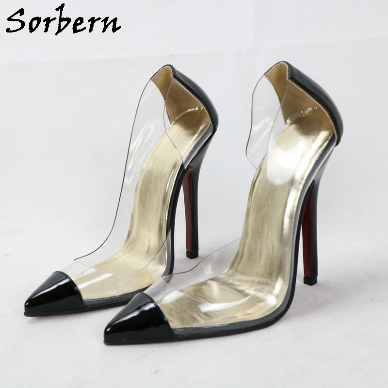 Sorbern See Through Pvc Women Pumps Shiny Black Real Leather Stilettos High Heel Pointed Toe Slip On D'Orsay Mature Dress Shoes