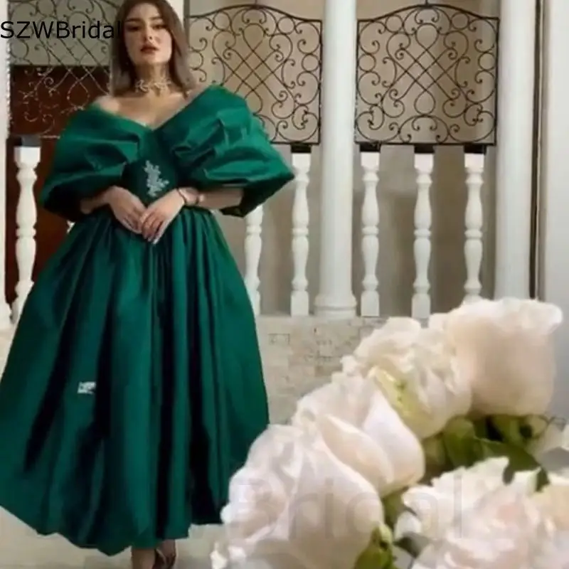 Custom made Satin V Neck Green Evening dresses for women party Avondjurken Abendkleider  dubai evening dress Plus size