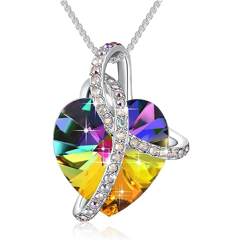 Fashion Silver 'Love Heart' Wrapped Necklace Pendant with Crystals,  Jewelry fors Women, Gifts for Mom