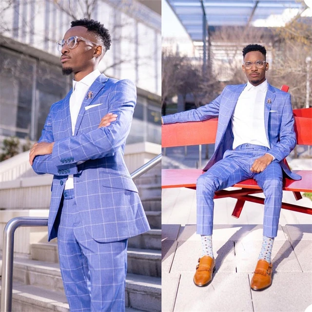 2 piece Handsome Men Suit Light Blue Fashion Plaid Suits For Best Men Slim Fit Groom Tuxedos For Man Suits AliExpress