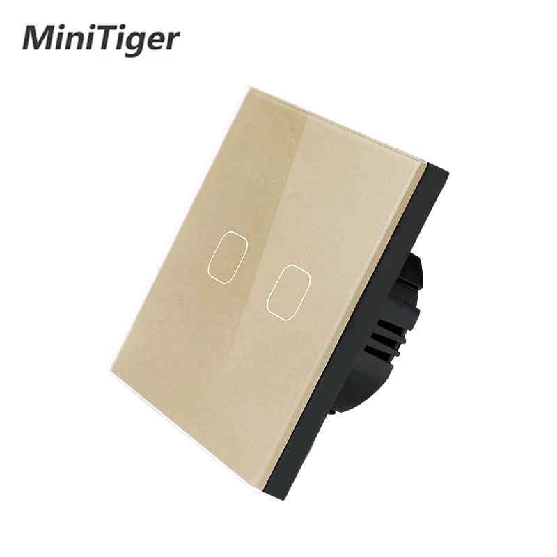 Minitiger EU/UK Standard AC 220-250V White Luxury Glass Panel 2 gang 1 way Touch Wall Sensor Light Switch