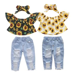 1-6Y Summer Kids Baby Girl Clothes Sets Suits Girls Flying Sleeves Sun Flower Short Sleeves+Denim Pants+Headband 3pcs Suits Sets