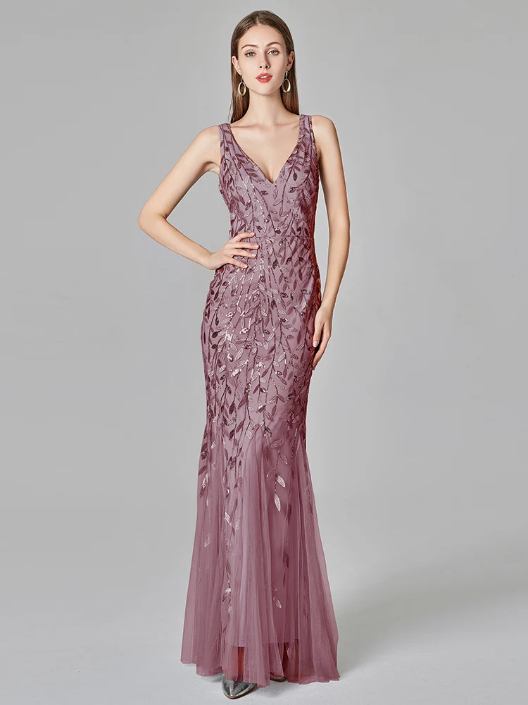 2023 Màu Xám Bạc Thời Trang Thanh Lịch Evening Dresses Sexy Đơn Giản V Cổ Áo Mở Lại Không Tay Thêu Hạt Đuôi Cá Ăn Mặc Gown