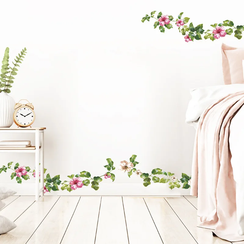 

Green Leaf Flower Vine Wall Sticker Bedroom Living Room Decorations Home Mural Cupboard Stickers Baseboard Beautify Wallpaper