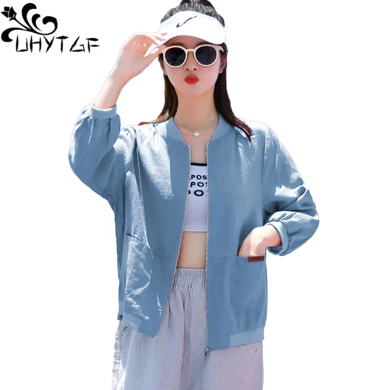 

UHYTGF New 2021Summer Coat Women Solid Wild Thin Sun Protection Clothing Casual Female Short Jacket Loose 3XL Big Size Top 2144