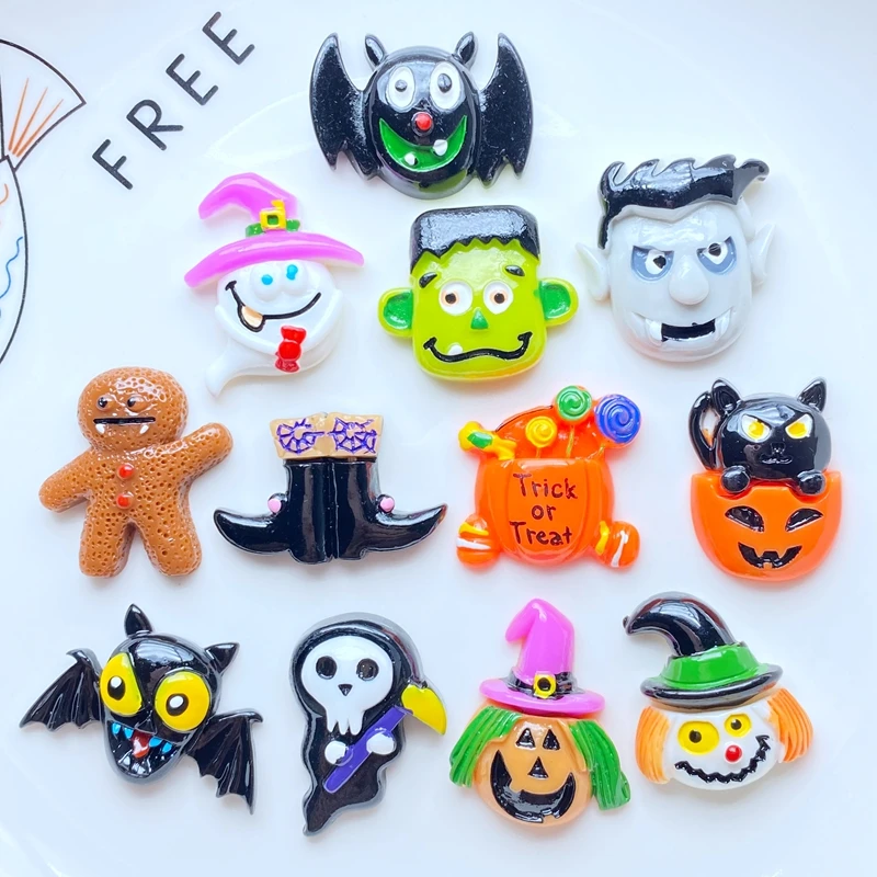 10Pcs Mixed Cartoon Halloween bat, ghost, pumpkin cat Flat Back Resin Scrapbooking DIY Jewelry Craft Decoration Accessories