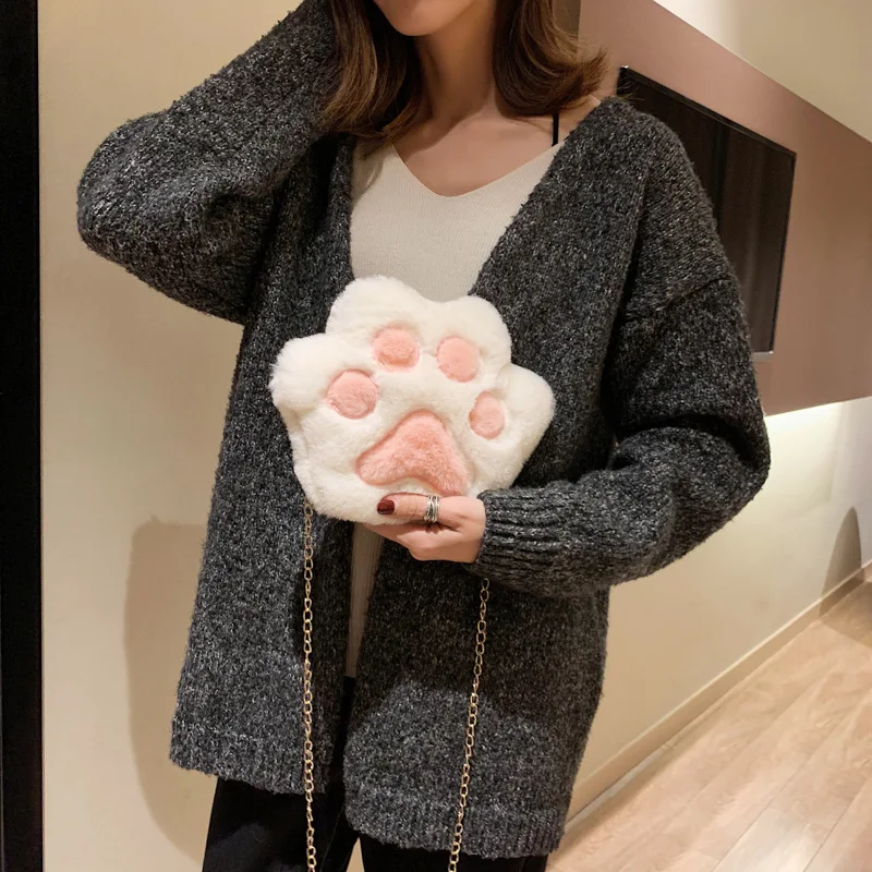 Cute Cat Paw Women Chain Shoulder Bag Soft Plush Handbag Crossbody Girls Coin Purse Children Zipper Bag New Trendy