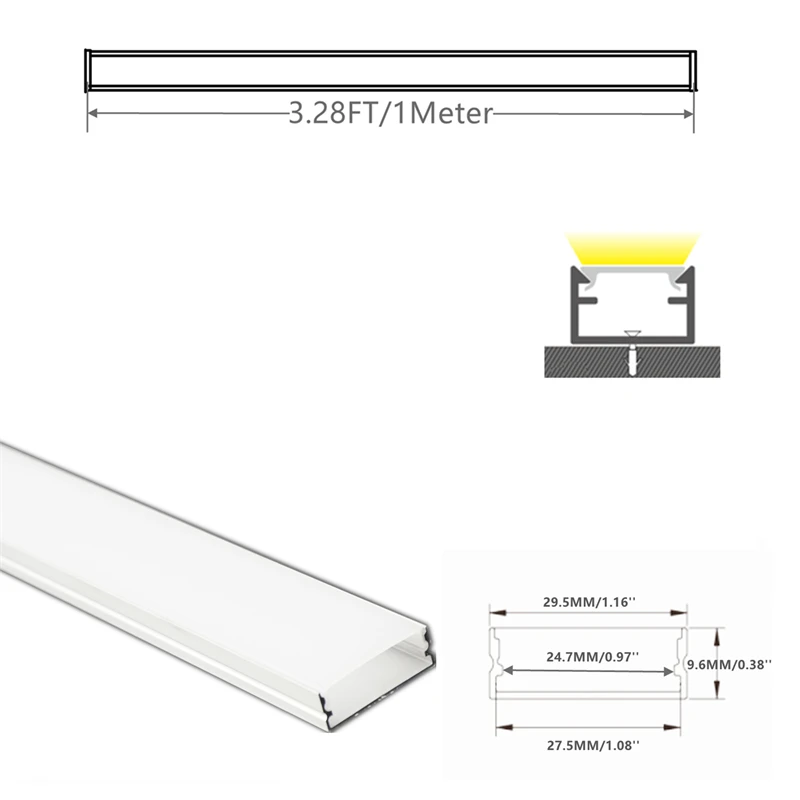 5/10-Pack 1M 40Inch U Shape LED Aluminium Channel Diffuser,30MM Wide Triple Row Strip Under Cabinet Counter Profile Tape Housing