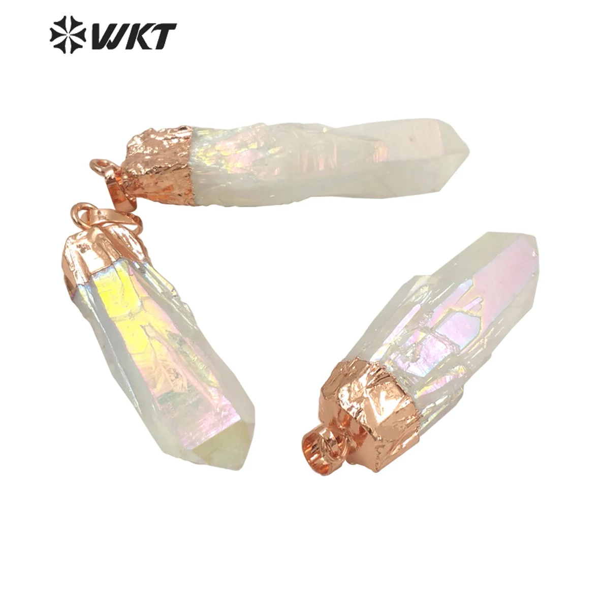 

WT-P1737 Wholesale fashion rose gold crystal quartz point pendant natural Aura angel color randomly shape raw stone pendant