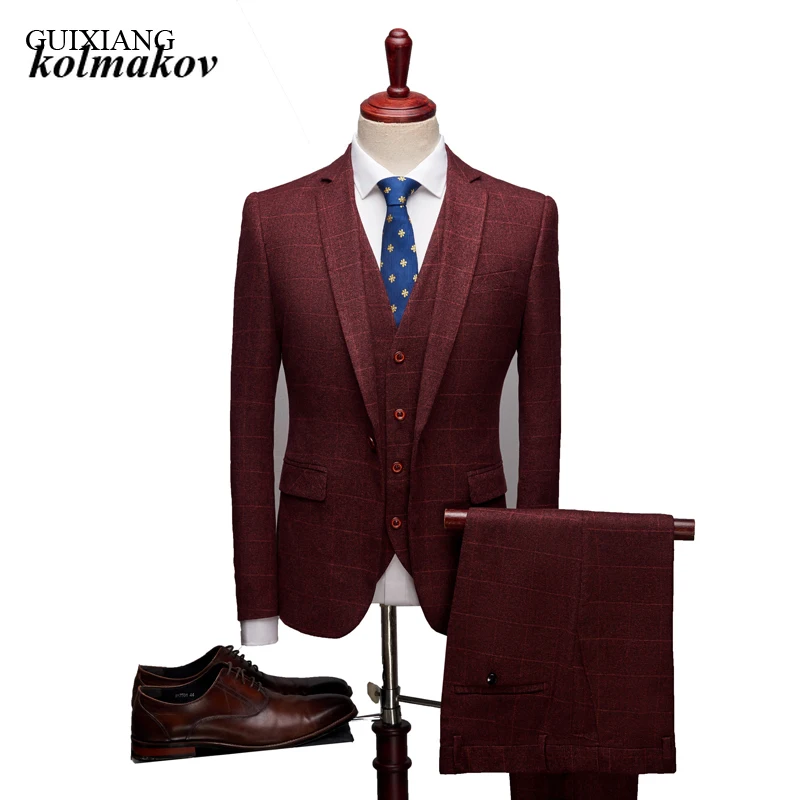 

2024 Men Boutique Leisure Suit Dress Business Casual One Button Men's Grid Slim Formal Three-piece Suits Blazer Plus Size S-4XL