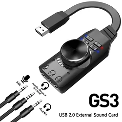 GS3 External USB Sound Card Virtual 7.1 Channel Sound Card Adapter Plug and Play with Headphone Microphone Jacks Volume Control