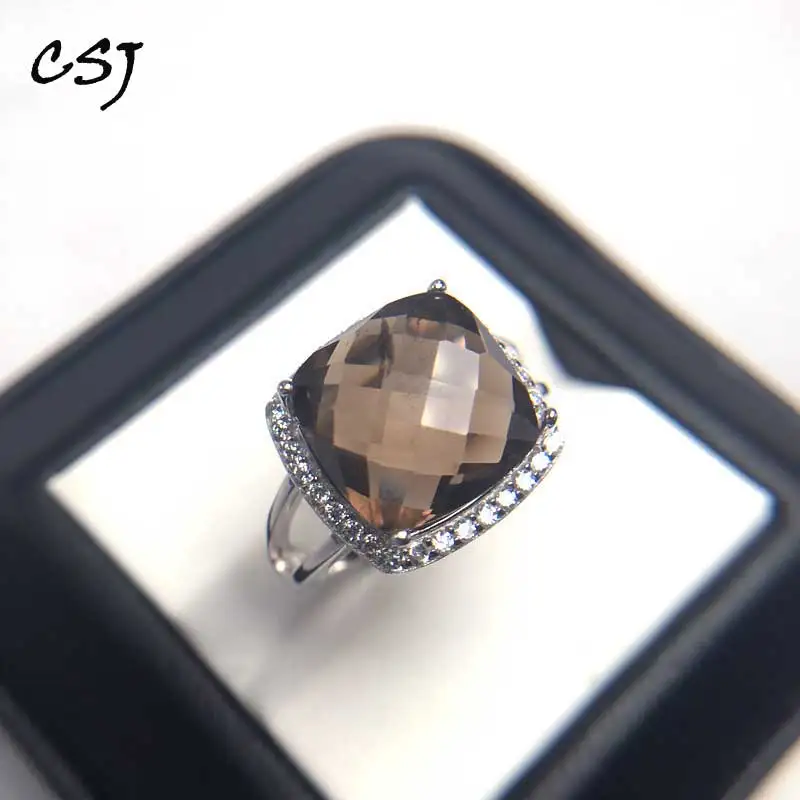 CSJ 100% Natural Smoky Quartz Rings Sterling 925 Silver Cushion Cut 12mm Fine Jewelry Women Femme Wedding Engagement Party Gift