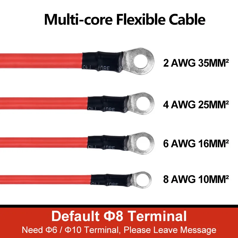 Battery Connection Cable 8 6 4 2 AWG Stranded Copper Wire Terminal Connector Car Inverter Wire with M8 M10 M6 Lug