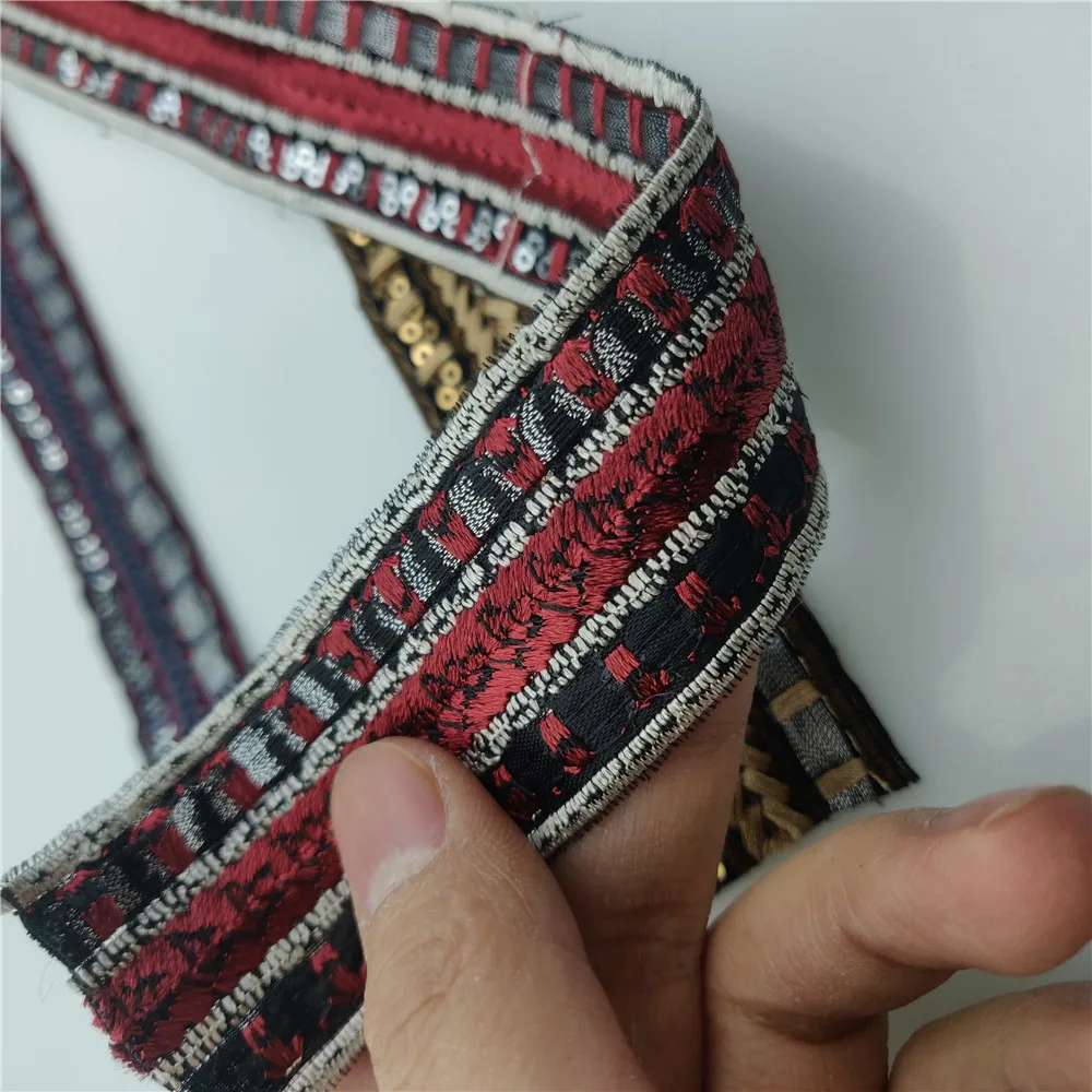 34mm Width Ethnic Embroidered Jacquard Ribbon Trim DIY Sequins Webbing For Apparel Sewing Lace Craft Decoration