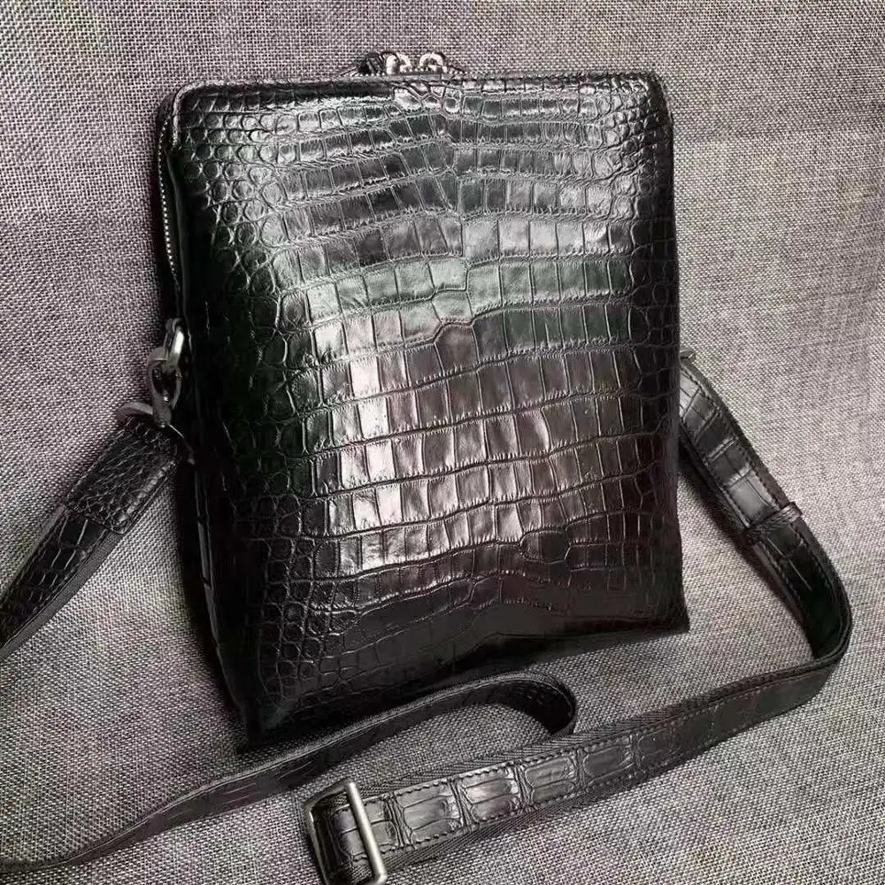 

latest top quality 100% genuine real crocodile skin men shoulder cross body bag small size zipper closure black color free ship first 1 grade crocodile skin men bag