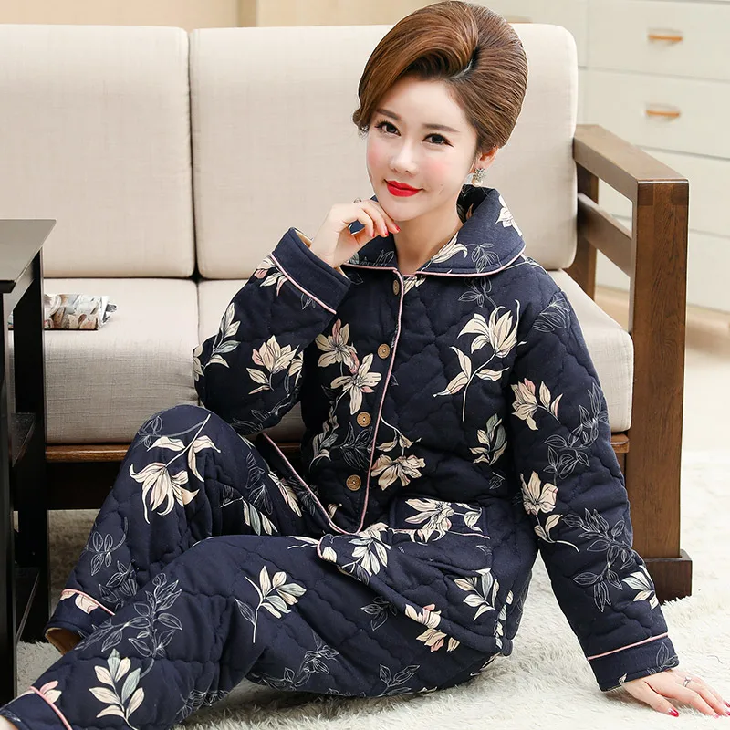 

flower pajamas set women three layer thickening warm winter quilted jacket womens pyjamas big yards M-3XL pijamas mujer invierno