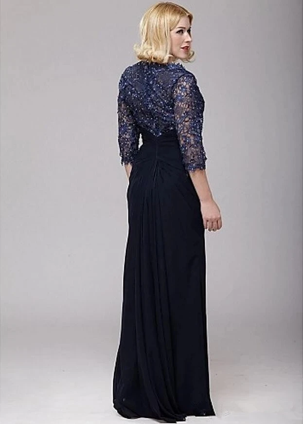 Navy Blue Mother Of The Bride Dresses A-line V-neck 3/4 Sleeves Chiffon Lace Beaded Groom Long Mother Dresses For Wedding