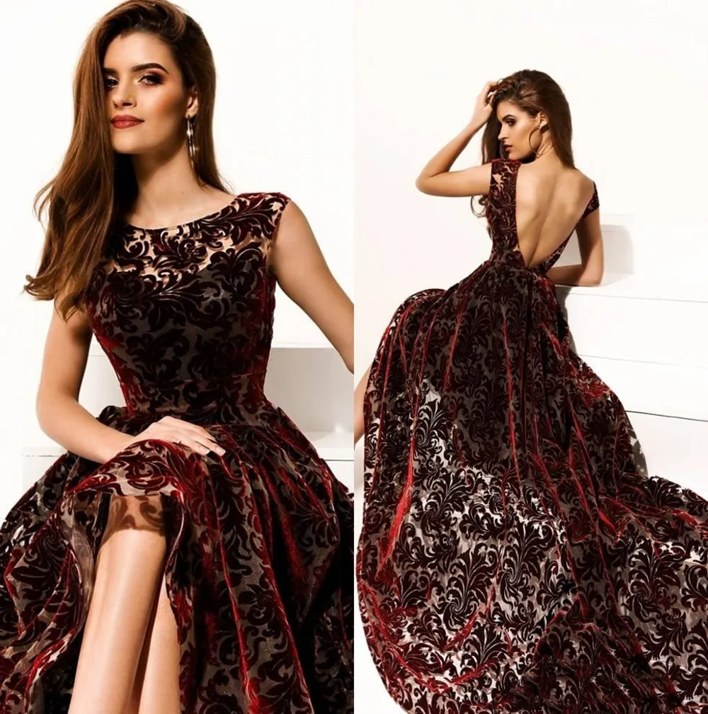 Borgonha moderna alta baixa formal vestidos de noite uma linha colher pescoço sem costas rendas vestido de noite longo trem feito sob encomenda celebridade ir