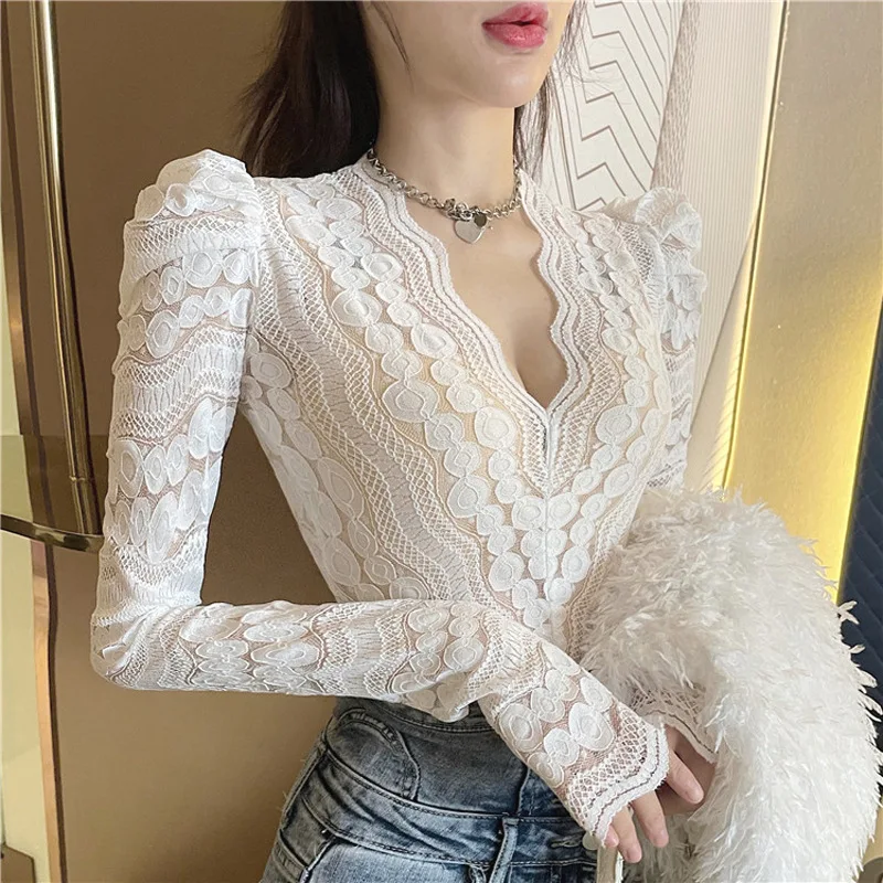 

Lady Long Puff Sleeve Shirt Wave Cut V Neck Feminine Pullover Blouse Lace Crochet Hollow Out See-through French Palace Retro Top