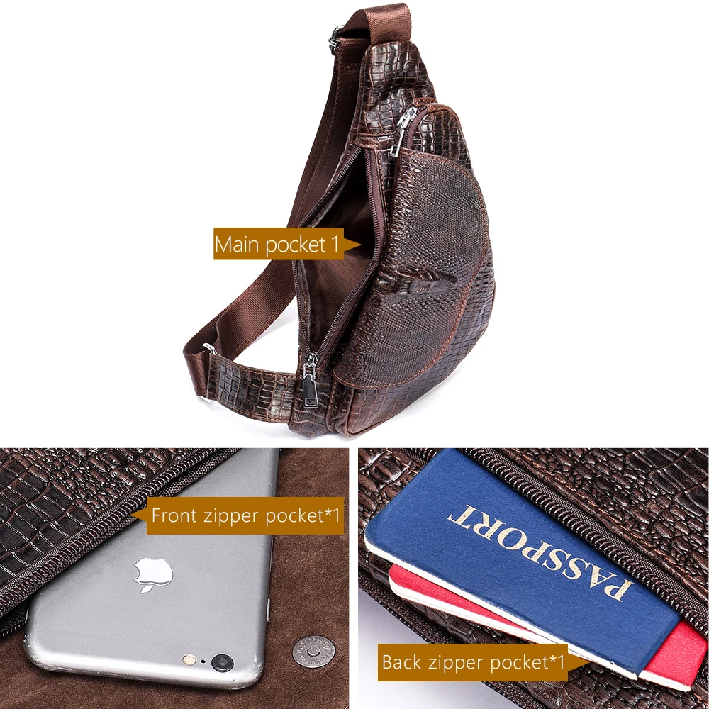 WESTAL Saddle Designer Chest Bag Genuine Leather Sling Bags for Men Shoulder Bag Croco Pattern Chest Pack Crossbody Bags