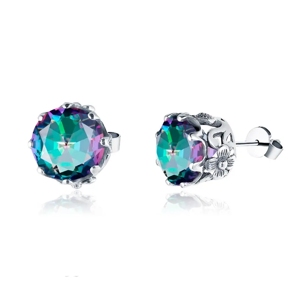 

Szjinao Silver Earrings Stud Rainbow Mystic Topaz Earrings For Women Round Gemstone Handmade Engrave Fine Jewelry 2020 Ohrringe