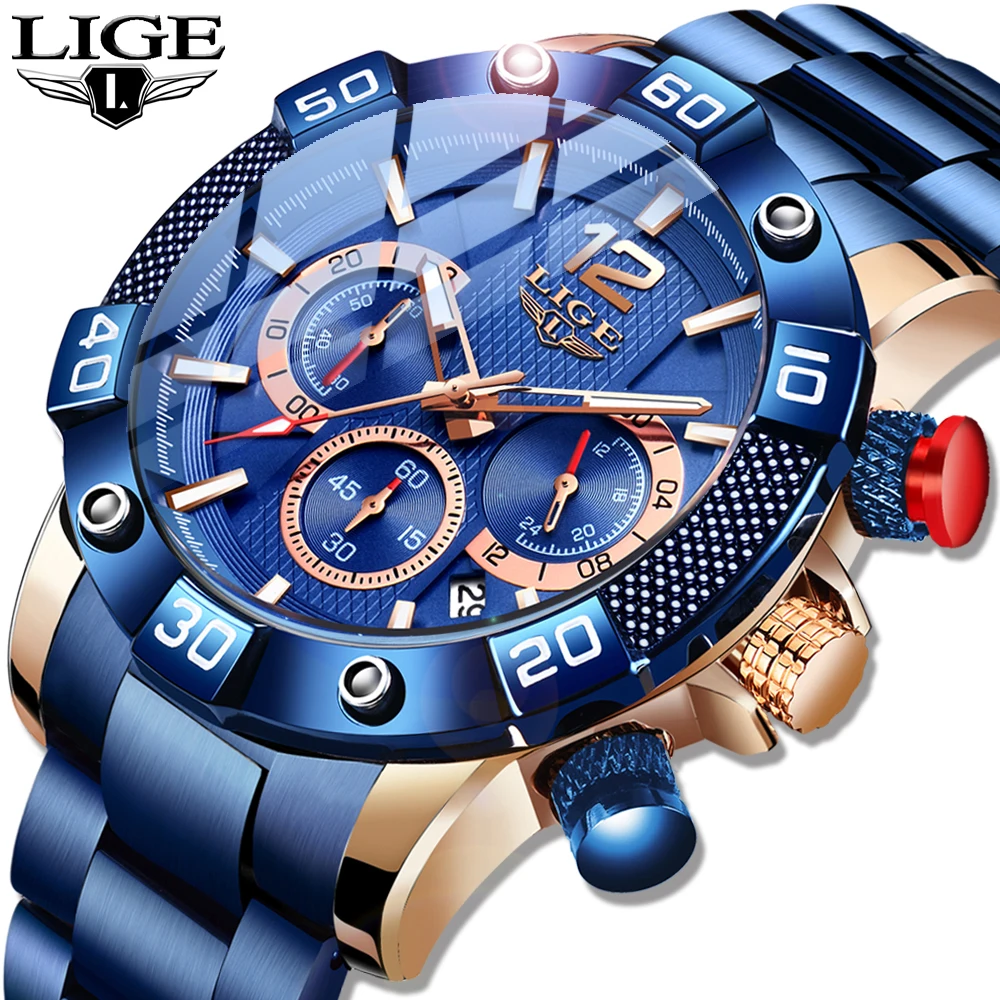 

LIGE 2024 New Fashion Blue Mens Watches Top Brand Luxury Clock Sports Chronograph Waterproof Quartz Watch Men Relogio Masculino