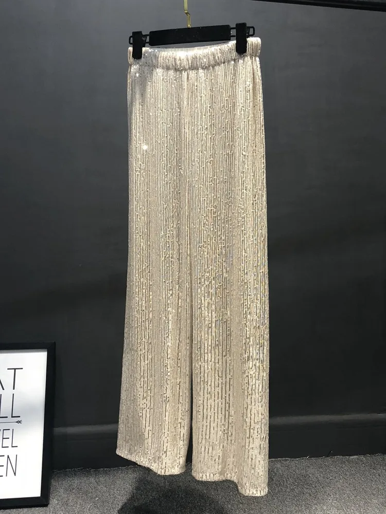 Silver Full Sequined 2024 Women Wide Leg Pant Elastic Waist Bling Luxury Chic Capris Casual Gold Long Pant Female Club