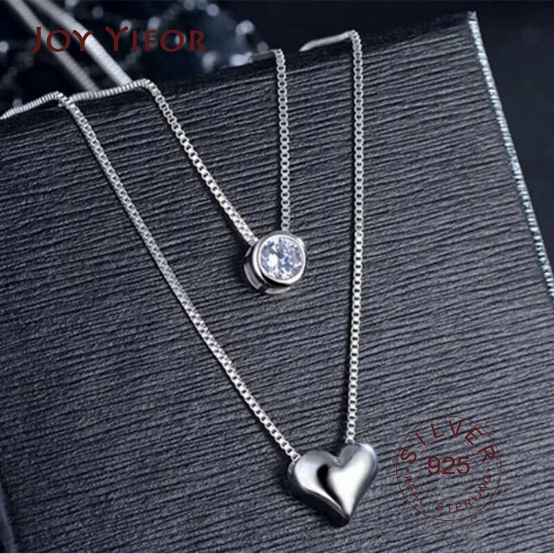 Silver color Necklace Double Layer Chain Zircon Heart Pendants Necklaces For Women kolye Choker