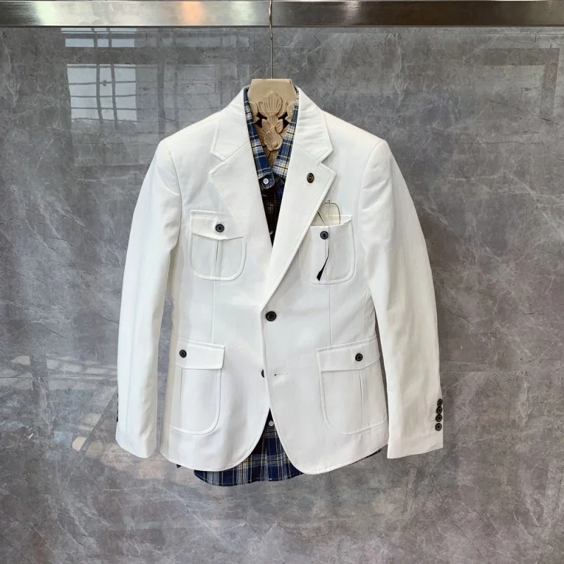 Mens British Weddding Dress Suit White Blazer Jacket Suit Pants Business Man Office Work Two Piece Sets High Quality Cotton Set