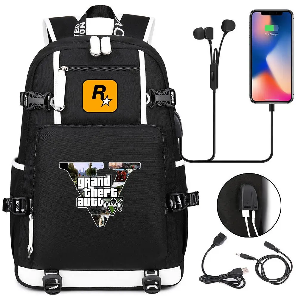 GTA5-Mochila para ordenador portátil Grand Theft Auto para hombre y mujer, de viaje con carga USB morral, multifuncional, impermeable, mochilas