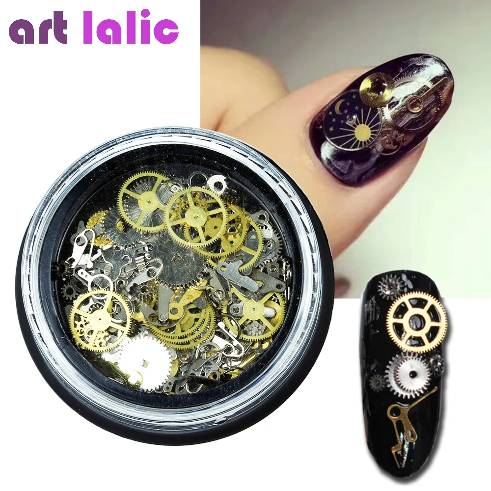 1 boîte de breloques en métal pour décoration des ongles, tranches d'engrenage 3D, colle Punk Steampunk mixte pour Nail Art