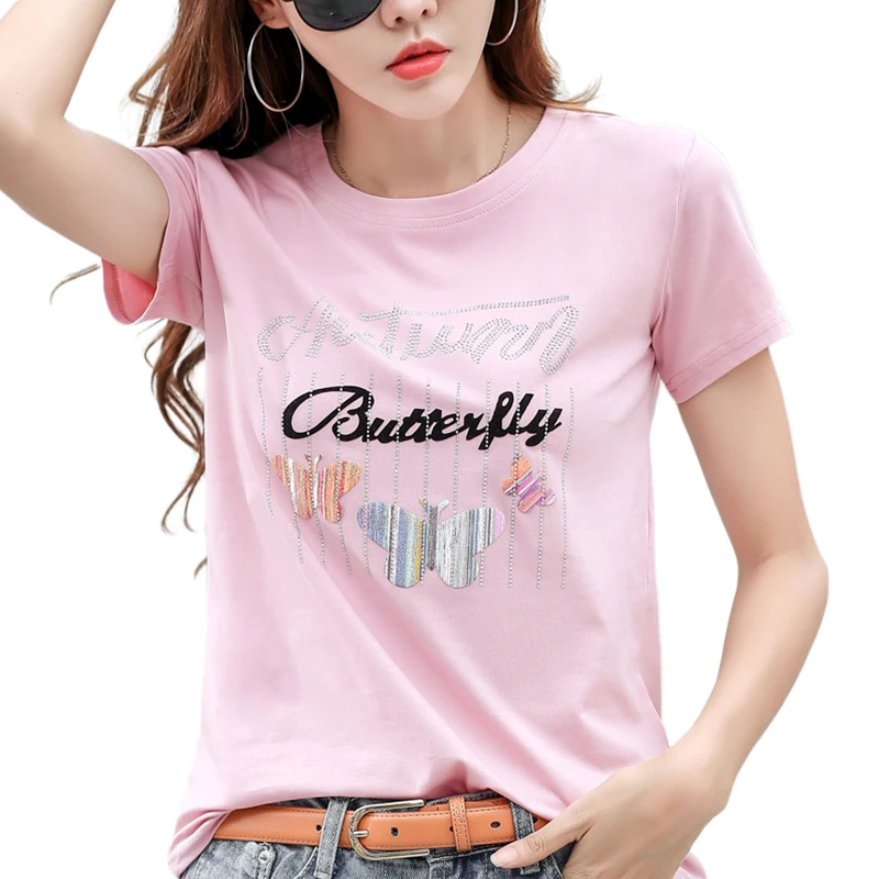 Diamonds Letter Printing Butterfly Appliques Cotton T-Shirts 2023 Spring Summer Short Sleeve Loose TShirt Soft Shiny O-Neck Tops