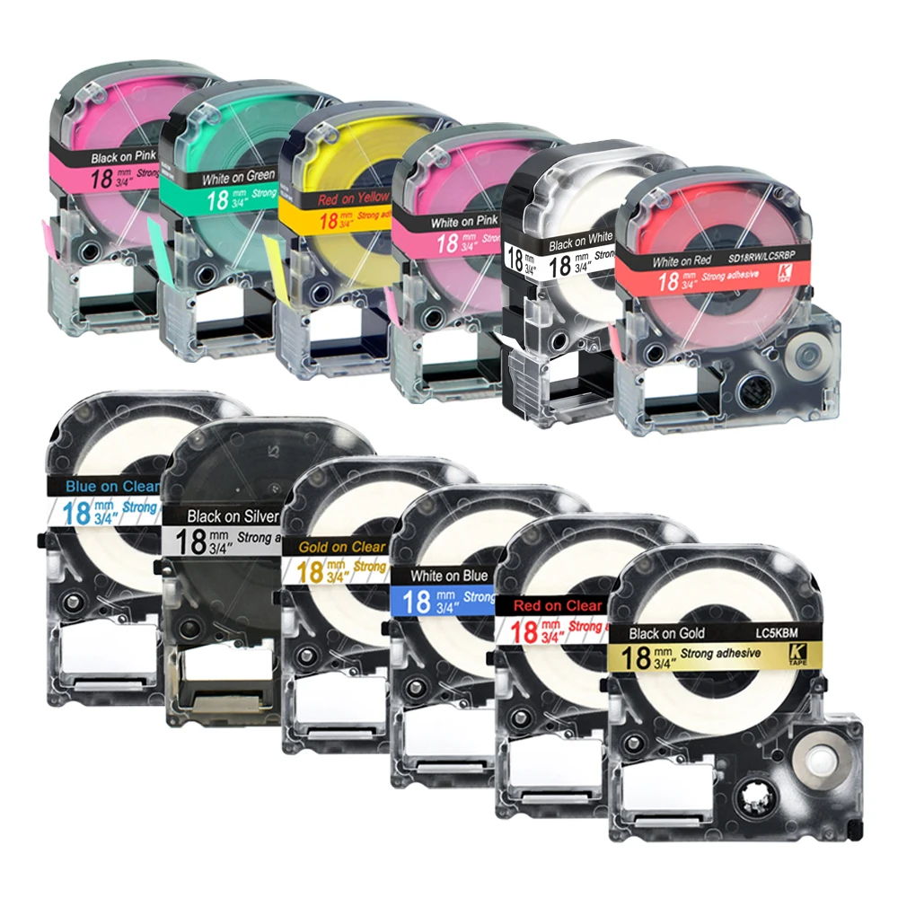 5 Packs 18 mm Multicolor Compatible Epson Label tape LC-5WBN / SS18KW SC18RW SD18K SC18YW for Epson Printer LW300 LW400 500 600