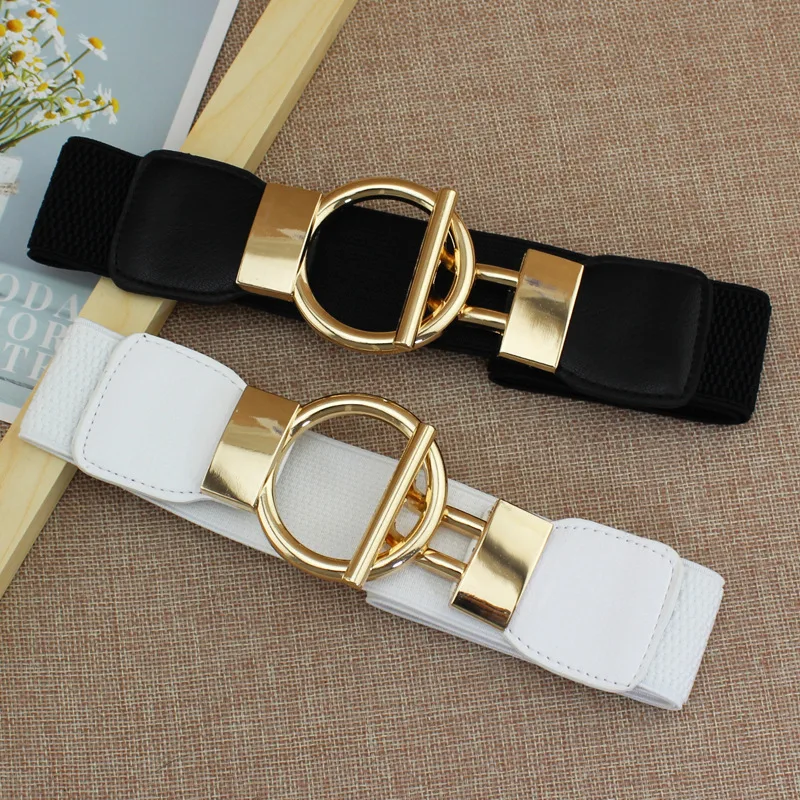 Designer Luxury Fashion Girl Elastic Belt New Dress Skirt Elastic Wide Waist Seal Gold Round Buckle Women's Decorative Belts