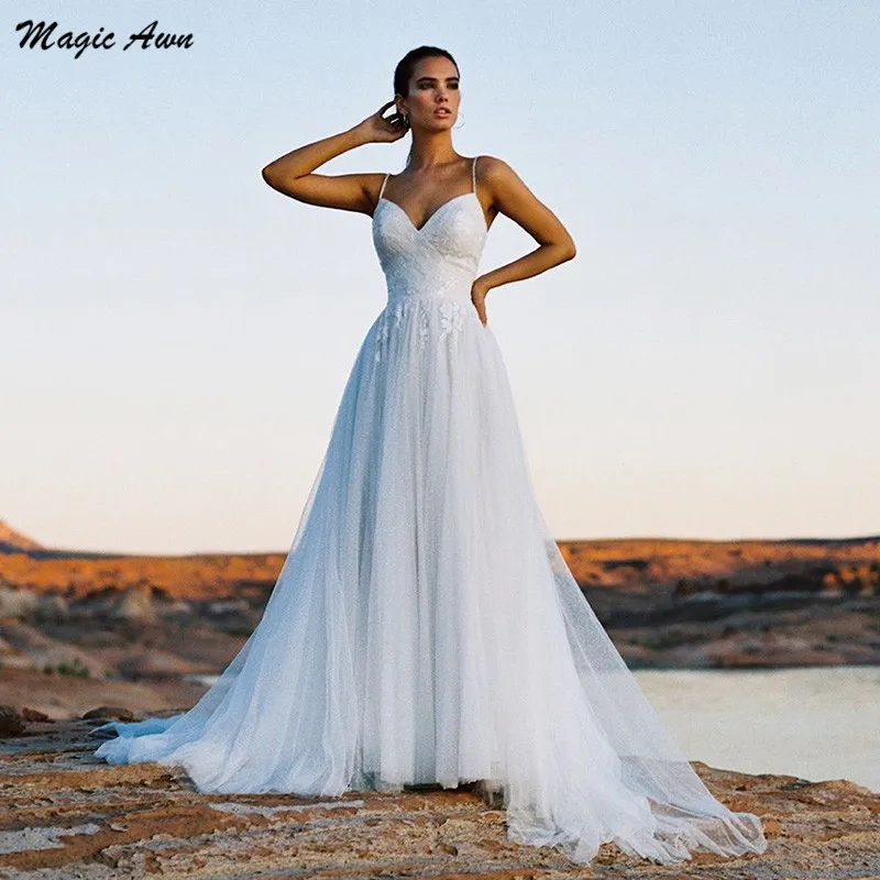 Magic Awn-Vestidos de encaje de tul para Boda, ropa Bohemia con tirantes finos, apliques con espalda descubierta, línea A, para fiesta de Boda