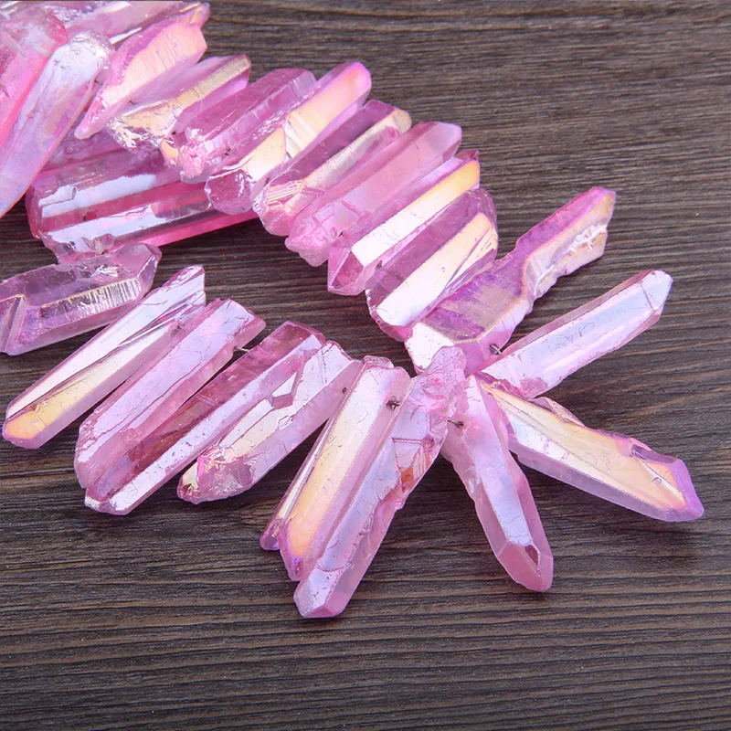 Purple Pink Ab Titanium Natural Quartz Stick Beads Point Pendants Charm Rough Quartz Top Drilled Raw Crystal Handmade Necklace