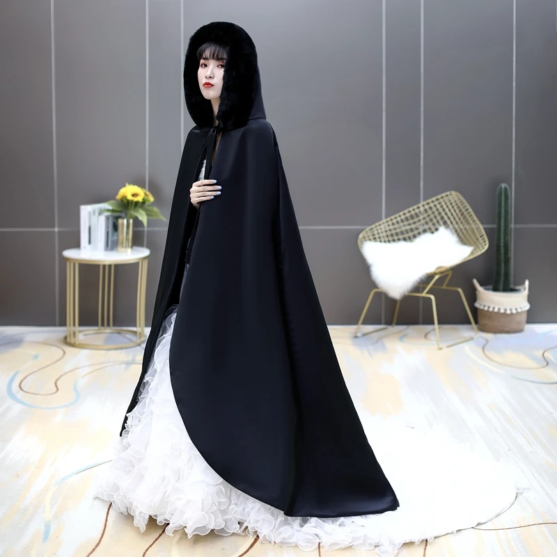 

Black Faux Fur Satin Wedding Cloak Hooded Long Bride Cape Fall Winter Elegant Bridal Accessories