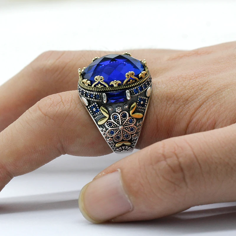 S925 فضة خاتم للرجال ، ريال فضة مجوهرات ، الشرير نمط ، الاصطناعي الأزرق الزركون ، التركية العتيقة ، الذكرى هدية