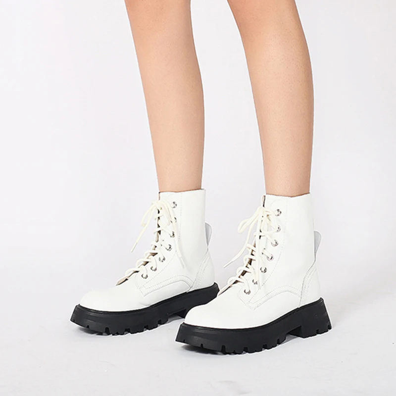 

Winter round toe all-match platform 4cm med square heels round toe lace up neutral cozy black white ankle boots HL387 MUYISEXI