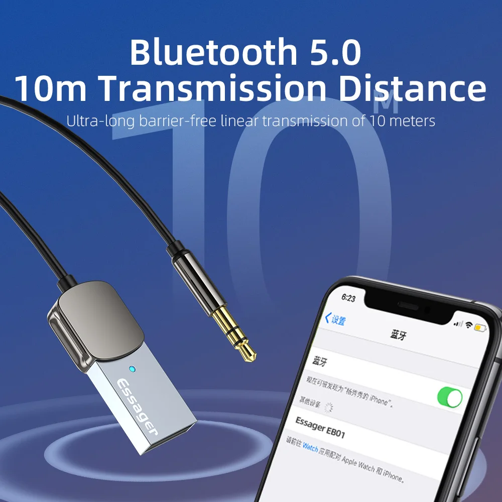 EssagerBluetooth Aux Adapter Wireless Car Bluetooth Receiver USB to 3.5mm Jack Audio Music Mic Handsfree Adapter for Car Speaker