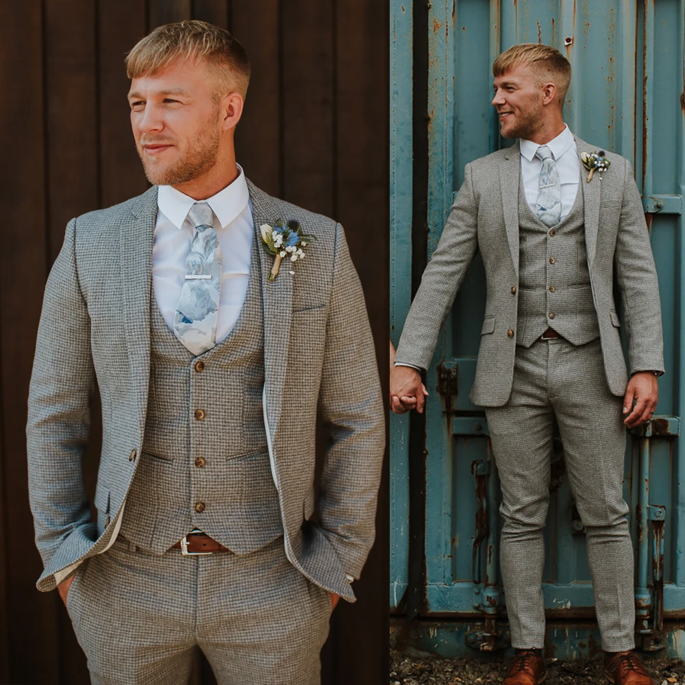 (Jacket+Pants+Vest) Autumn Tweed Mens Wedding Suit Thick Male Clothing 3 Piece Tuxudos Best Man Dinner Party Occasion Blazer