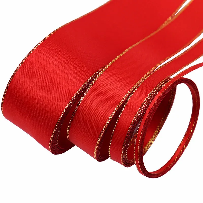 Red Satin Ribbon with Gold Edges Double-sided Gold Rim Ribbon for Gift Box Packaging, Hair Decoration, Diy Butterfly