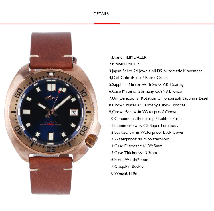 ساعة غوص للرجال من HEIMDALLR، ساعات أوتوماتيكية للرجال، ساعات يد سلحفاة برونزية، مقاومة للماء 200 متر، C3، ياقوت مضيء NH35