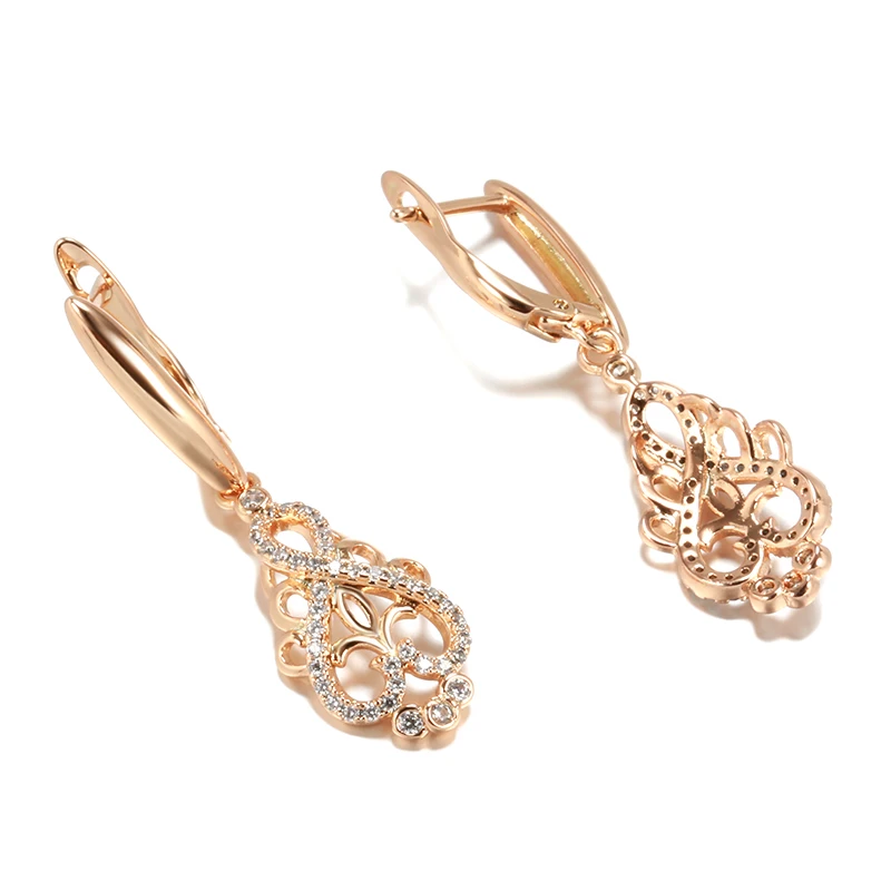 Kinel Hot Trend Crystal Flower Long Dangle Earrings for Women Natural Zircon 585 Rose Gold Color Ethnic Bride Fine Daily Jewelry