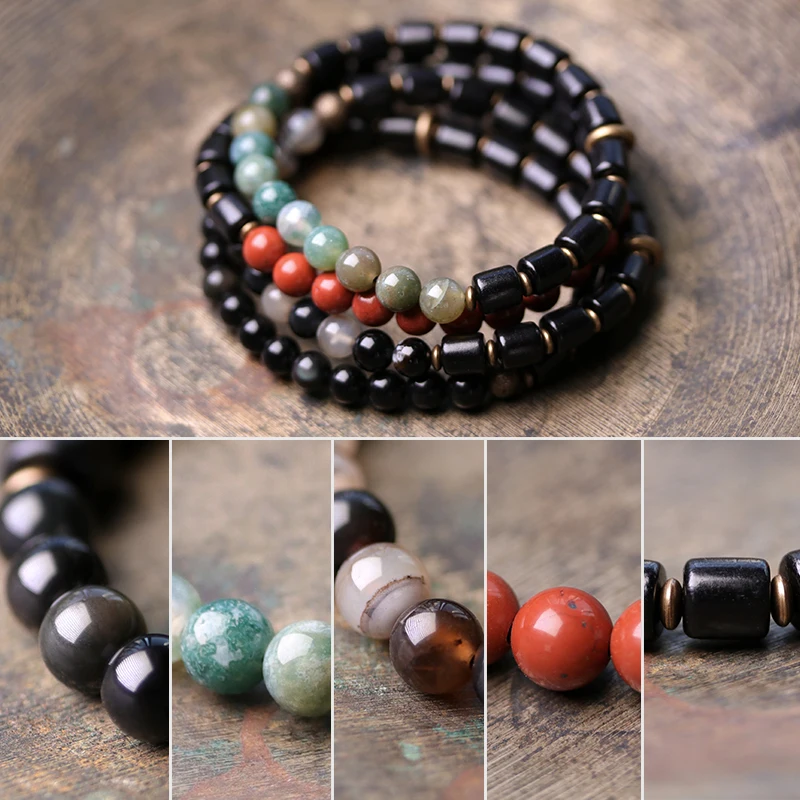 Ebony Red Stone Moss Ocean  Multi Color Mixed Beaded Strand Bracelet Copper Accessories Two Tone Jewelry Male Female