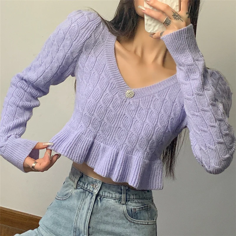 Women Casual Pullover Crop Sweater Women's 2023 Autumn and Winter Clothes Long Sleeve Sexy V-neck Low-cut Knit Short Sweater