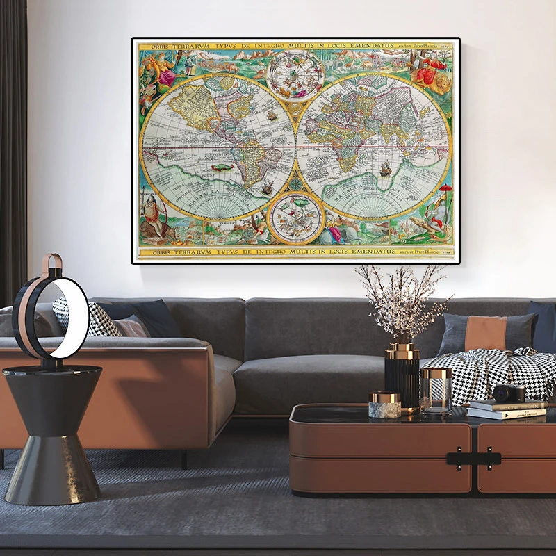 Pintura sobre lienzo no tejido con mapa del mundo Vintage, póster artístico de pared clásico, tarjeta decorativa para decoración del hogar y la Oficina, 225x150 cm, 1594